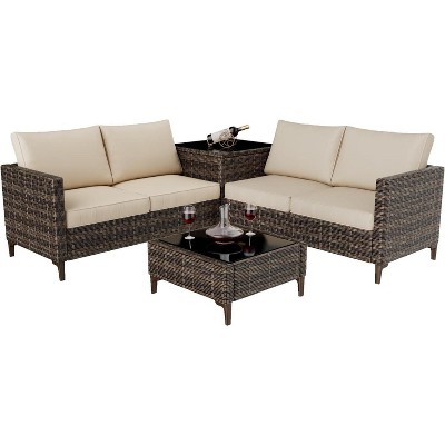 Acekool 4 Piece Black PE Wicker Patio Furniture Set with Storage Table, Sectional Conversation Sofa, Glass Top & Beige Cushions for Outdoor Spaces