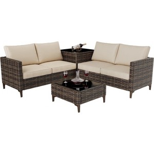 Acekool 4 Piece Black PE Wicker Patio Furniture Set with Storage Table, Sectional Conversation Sofa, Glass Top & Beige Cushions for Outdoor Spaces - 1 of 4
