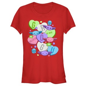 Juniors Womens Star Wars The Mandalorian Valentine's Day The Child Floating Candy Hearts T-Shirt - 1 of 4