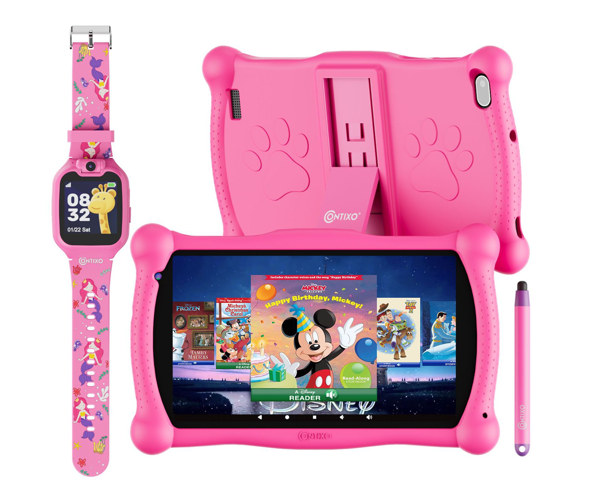 Contixo V10 2025 Kids Tablet 7" HD, 32GB, 50 Disney eBooks, Contixo Academy, Android 11, Kids Smart Watch
