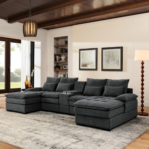 GDFStudio Arthur 130" Modern Linen Upholstered U-Chaise Sofa with Cup Holders and Storage - 1 of 4