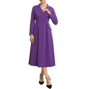 INSPIRE CHIC Women's Shiny Floral Brooch Shawl Collar V Neck Long Sleeve A-Line Midi Dress - 1 of 4