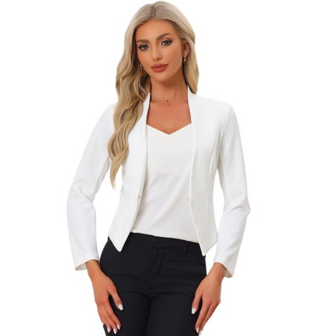 INSPIRE CHIC Women's Collarless Work Office Long Sleeve Cropped Blazers Small Cream White