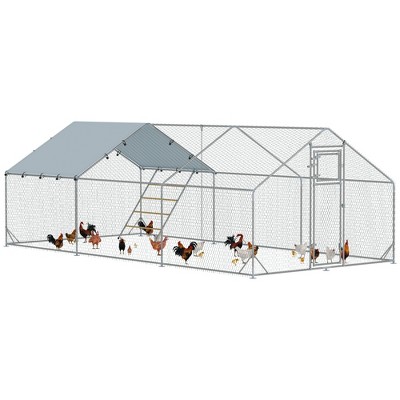 PawHut Chicken Run, Metal Chicken Coop w/ Waterproof & Anti-UV Cover, Feeding Door, Hanging Feeder, Perch
