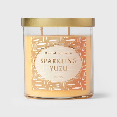2-Wick Clear Glass Sparkling Yuzu Lidded Jar Candle Pale Orange 15.1oz - Opalhouse™