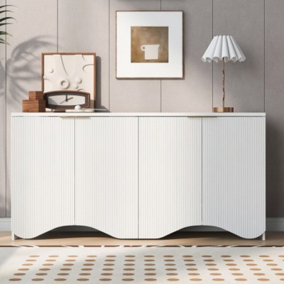 U-Style Four-Door Cabinet with Vertical Stripes and Wavy Design, Perfect for Hallways, Entryways, and Living Rooms