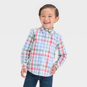 OshKosh B'gosh Toddler Boys' Long Sleeve Plaid Woven Shirt - Green/Blue/Red - 1 of 3