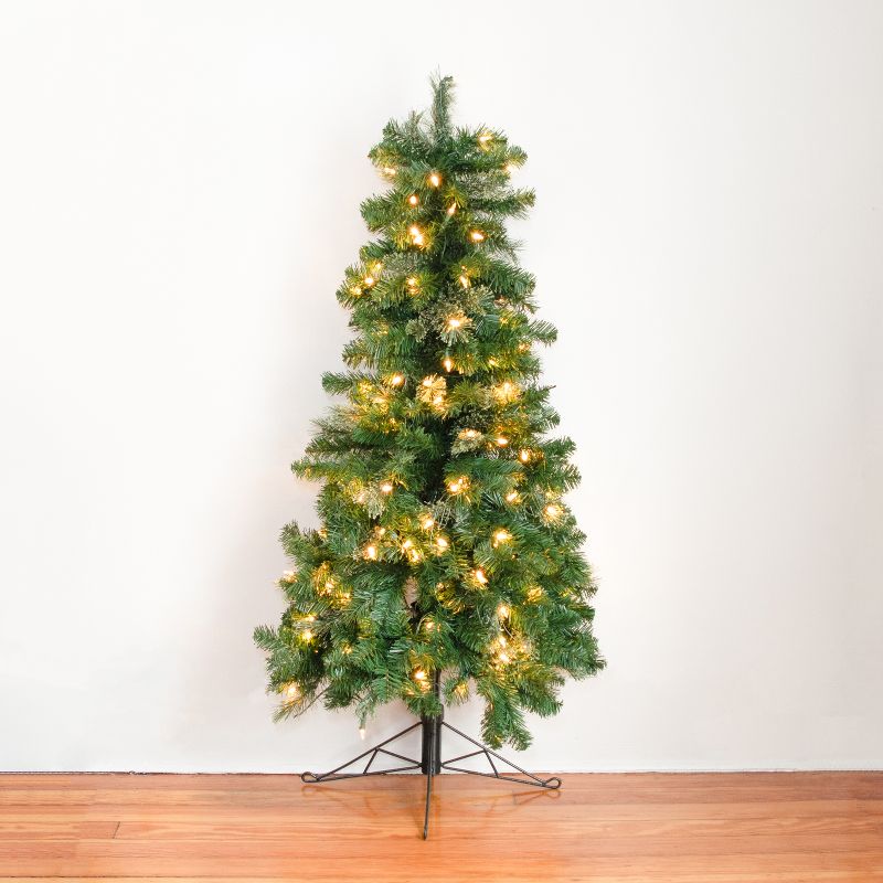 Home Heritage Artificial Half Christmas Tree Prelit with White LED Lights, PVC Foliage Tips, Metal Stand, Green, 2 of 7
