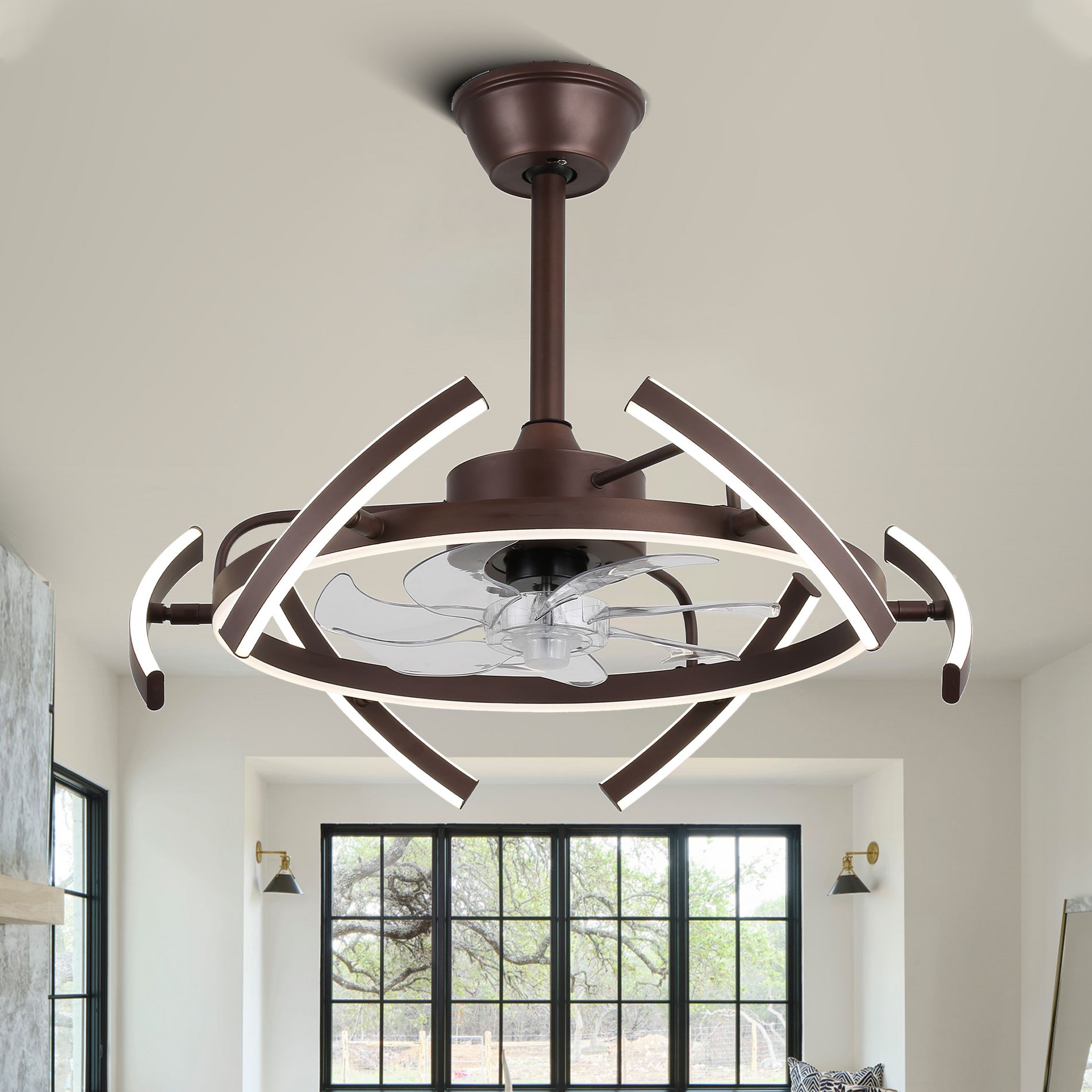 Bella Depot 24" Modern Brown LED Ceiling Fan with Dimmable Light, 6-Speed Reversible with Remote and APP Control