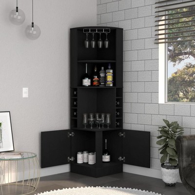 Cairo Black Corner Bar Cabinet with Glass Rack and Wine Cubbies