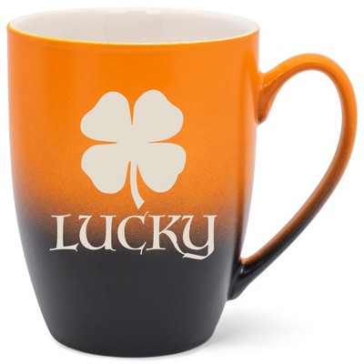 100 North Four Leaf Clover 10 Ounce Orange and Black Two Toned Ombre, Comfortably Fits Your Hands, Ceramic Tea Coffee Cup Mug, Lucky