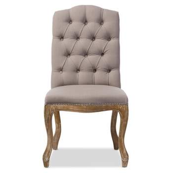 Hudson Weathered Oak Finish and Fabric Button Tufted Upholstered Dining Chair Beige - Baxton Studio: High Back, Linen, Wood Frame