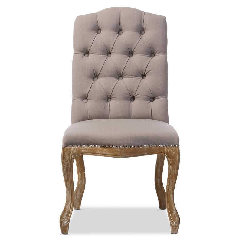 Hudson Weathered Oak Finish and Fabric Button Tufted Upholstered Dining Chair Beige - Baxton Studio: High Back, Linen, Wood Frame, 1 of 8