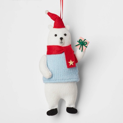 Fabric Polar Bear Wearing Sweater Holding Gift Christmas Tree Ornament  White/blue - Wondershop™ : Target