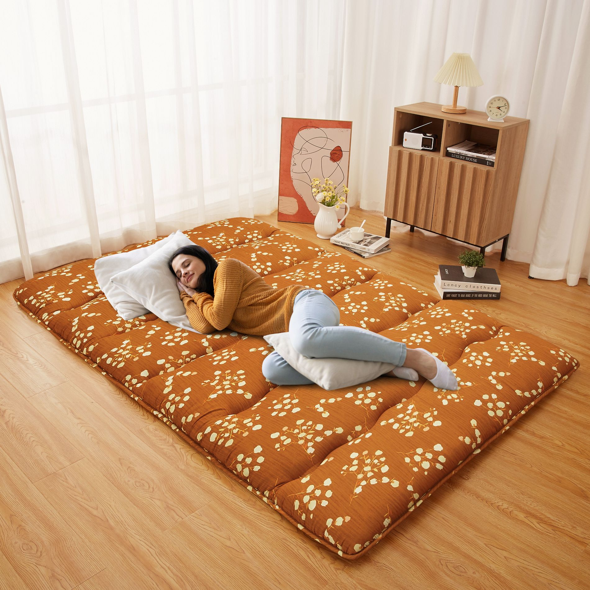 Futon Mattress Twin Size, Futon Floor Mattress Floral Pattern Mattress for Floor, Tatami Mat, Sleeping Mattress Pad for Camping