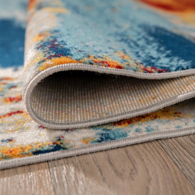 Large Blue and Orange Abstract Synthetic Area Rug