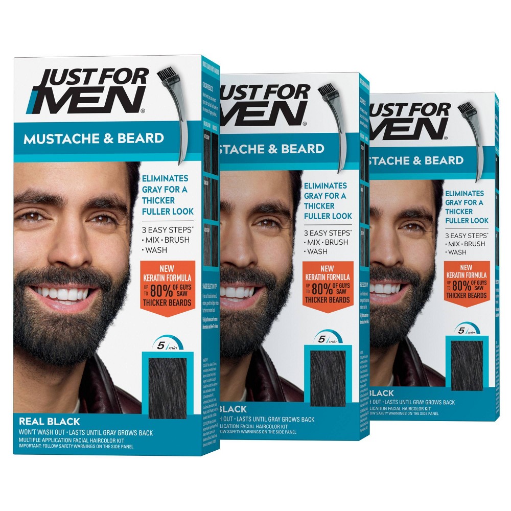 Photos - Hair Dye Just For Men Mustache & Beard Coloring for Gray Hair with Brush Included - Real Black M55 - 3pk