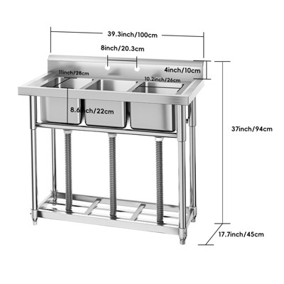 Commercial Stainless Steel Utility Sink with Three Basins and Storage Rack