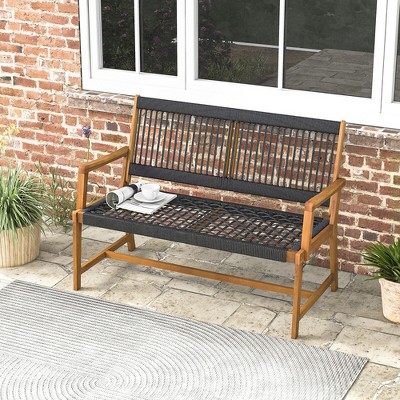 Natural Acacia Wood and Black Rope Woven Outdoor Bench