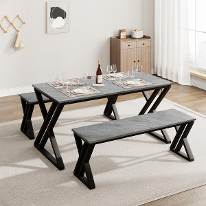 Kitchen Table with Benches, Dining Table Benches Set for 4, Rectangular Kitchen Table Set with Sturdy Metal Frame - 1 of 4