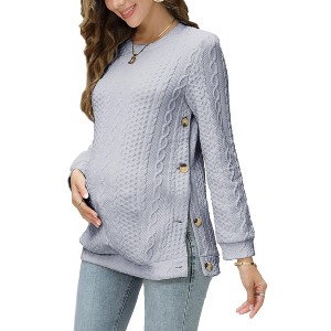 Coolmee Women's Maternity Cable Knit Tops Long Sleeve Split Side Crewneck Pregnancy Nursing Pullover Sweatshirt - 1 of 4