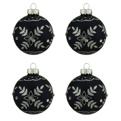 Northlight 4ct Matte Black with Silver Snowflake Design Glass Ball Christmas Ornaments 2.5" (65mm)