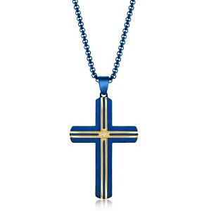 Metallo Mens Stainless Steel Blue & Gold Plated Lined Single CZ Cross Necklace - Blue - 24 Inch - 1 of 3