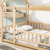 Full Size Floor Wooden Bed with House Roof Frame, Fence Guardrails Nartural - 3 of 4