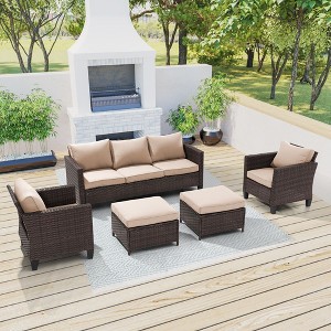 Sonkuki 5-Piece Patio Conversation Sofa Set Brown Rattan with Widen Armrest - 1 of 4