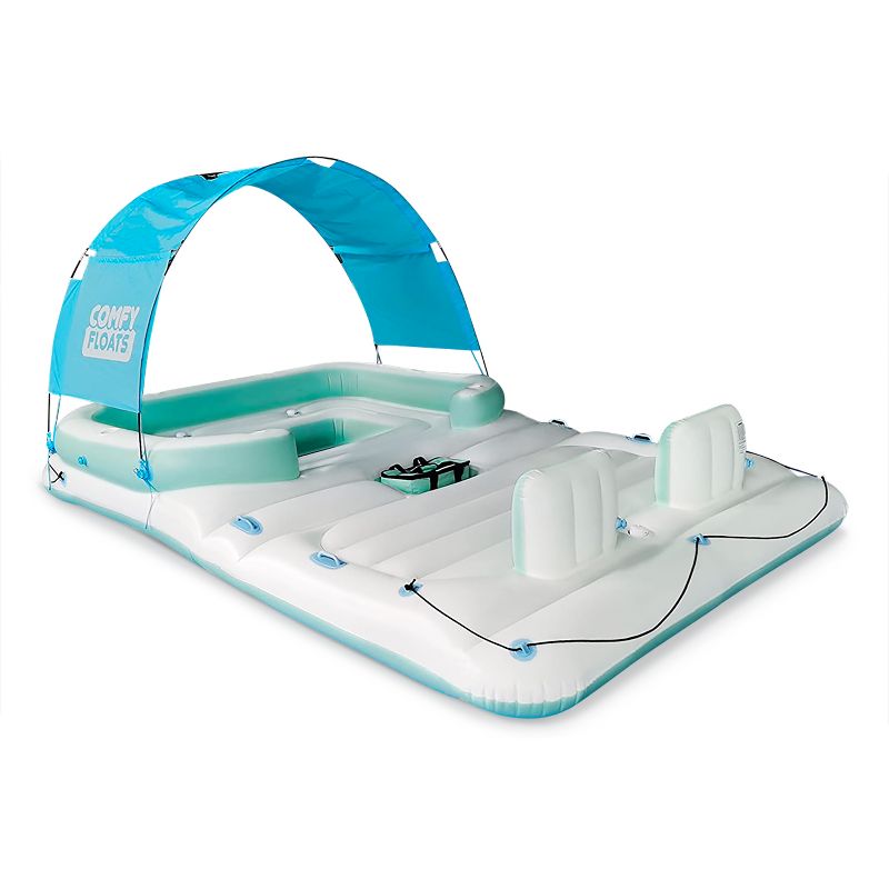 Comfy Floats 91464VM 13 Foot Misting Party Platform Inflatable Summer Float for Pool, Lake, River Fits 6 People, White/Aqua Blue, 1 of 7