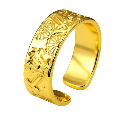 Women's Gold - Toned Copper Plain Ring with Floral Carvings - Classic Style