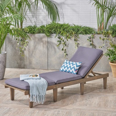 Patio Lounge Chair, Outdoor Wood Daybed Reclining Chair, Poolside Chaise Lounger with Full-Length Cushion, Gray -Merax