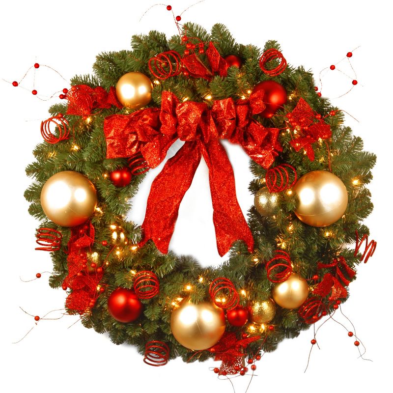 National Tree Company 36in. Decorative Collection Cozy Christmas Wreath with Red and Clear Lights, 1 of 8