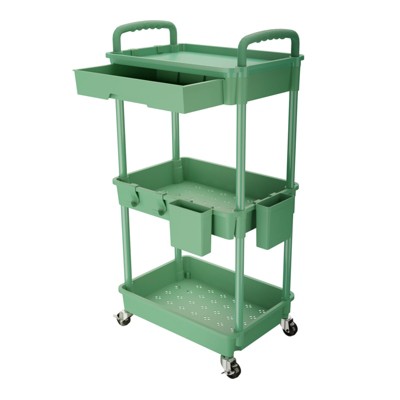 YIGII 3 Tier Rolling Utility Cart with Drawer,Rolling Storage Cart,Storage Cart for Kitchen,Bathroom,Living Room, Organizer with Iron Wheels(Green)