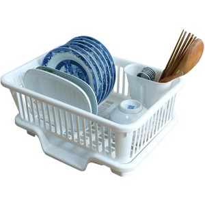 Basicwise Heavy Duty 2-Piece Plastic Dish Drying Rack Set in White - Includes Large Dish Drainer, Attached Drainboard, and Utensil Cup Holders - 1 of 4