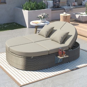 Whisen Outdoor Patio Daybed with Cushions and Pillows, Rattan Chaise Lounge with Adjustable Backrests and Foldable Cup Trays - 1 of 4