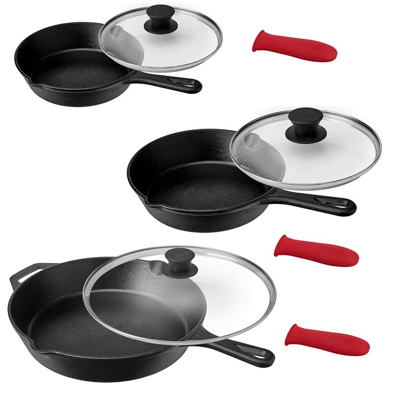 MegaChef Pre-Seasoned 9 Piece Cast Iron Skillet Set with Lids and Red Silicone Holder, 1 of 10