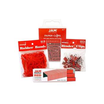 JAM Paper Desk Supply Assortment Red 1 Rubber Bands 1 Small Binder Clips 1 Staples & 1 Small Paper