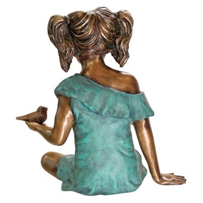 Bridgette Bronze Little Girl Garden Statue with Bird