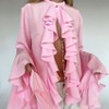 Women's Ruffle Sheer Mesh Chiffon Blouses Layered Long Bell Sleeve V Neck Dressy Shirts Going Out Top - 2 of 4