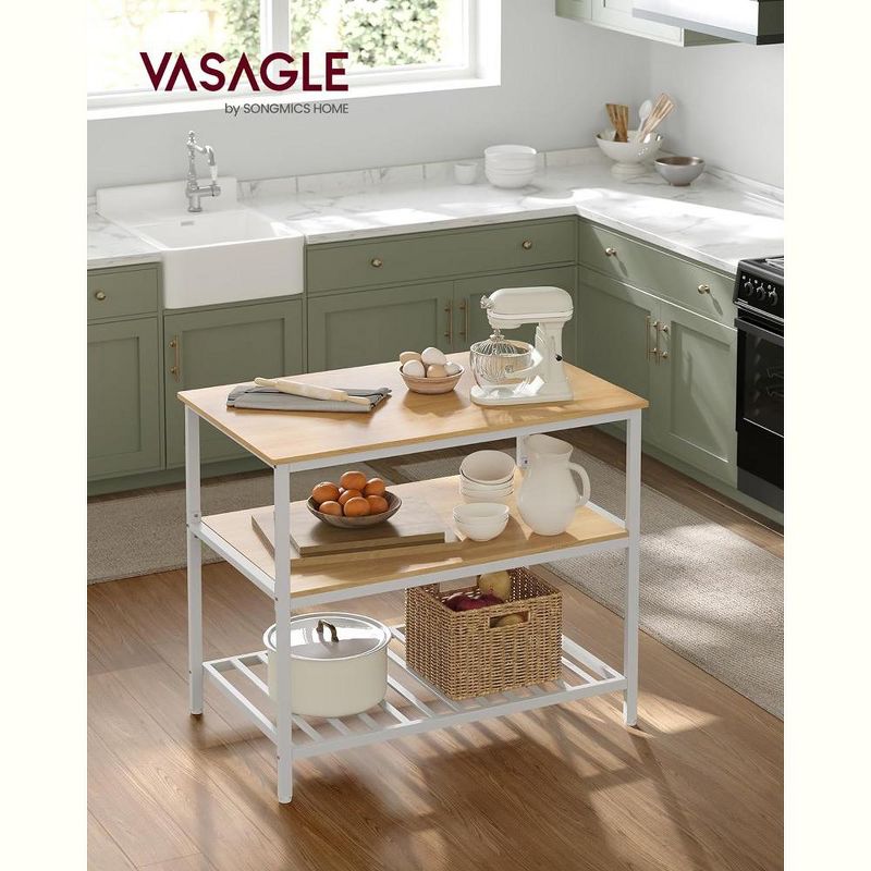 VASAGLE Kitchen Island with 3 Shelves, 39.4 Inches Kitchen Shelf with Large Worktop, Stable Steel Structure, Oak Color and White, 2 of 8