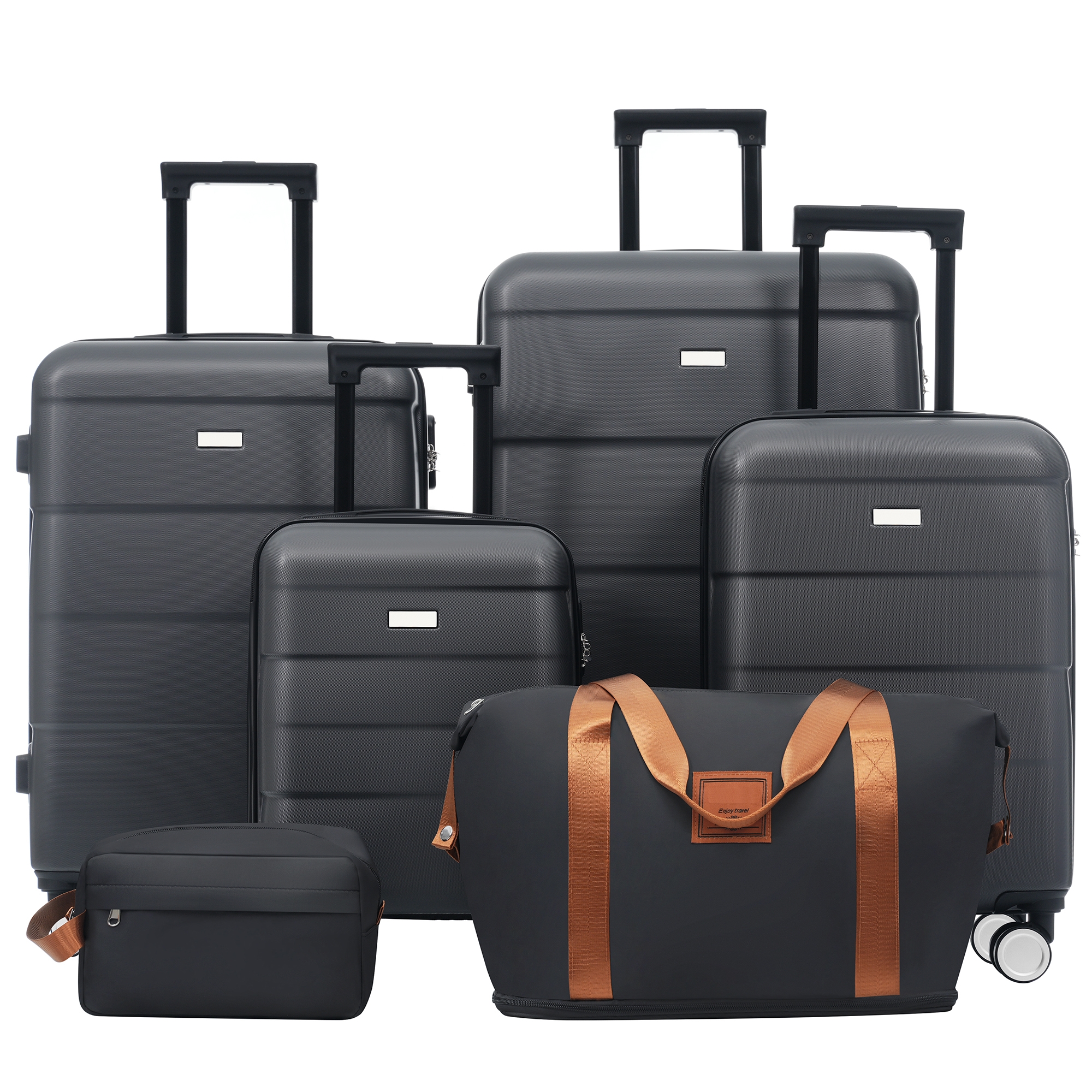 Polibi Luggage Sets 6 Piece with Lightweight Double Spinner Carry-On and Checked Suitcase, 2 Bags, Charcoal