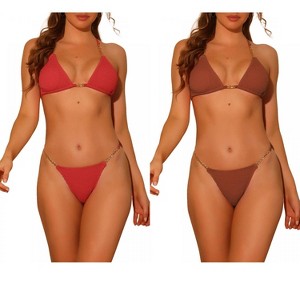 Elerevyo Women's Chain Halter Ribbed Lace Up Tie Back Triangle Bottoms Swimwear Bathing Suits 2 Sets - 1 of 4
