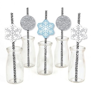 Big Dot of Happiness Winter Wonderland Paper Straw Decor - Snowflake Holiday Party and Winter Wedding Striped Decorative Straws - Set of 24 - 1 of 4