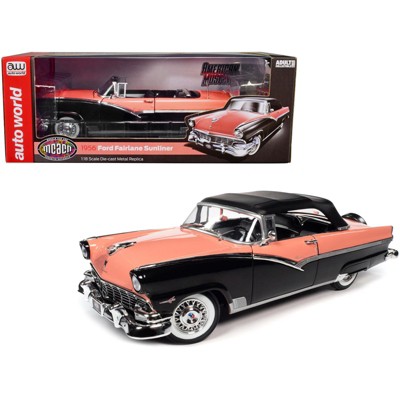 1956 Ford Fairlane Sunliner Convertible Soft Top Up Sunset Coral and Raven Black 1/18 Diecast Model Car by Auto World