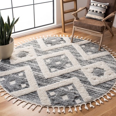 Moroccan Tassel Shag MTS664 Power Loomed Area Rug - Grey/Ivory - 8' round - Safavieh.