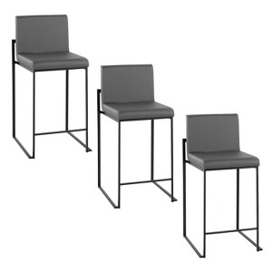 LumiSource Set of 3 Fuji High Back Counter Height Barstools Black Steel/Gray PU - 1 of 4