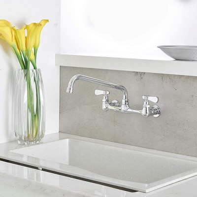 Polished Chrome Double Handle Wall Mount Kitchen Faucet with 12 Inch Swivel Spout