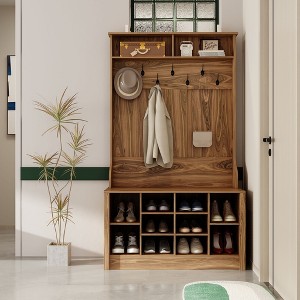 FUFU&GAGA White Wood 3-in-1 Hall Tree Entryway Cabinet Shoe Bench with Hooks and Shelves - 1 of 4