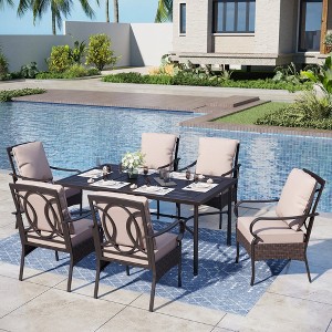 Captiva Designs 7pc Patio Dining Set with Rectangle Steel Table & Rattan Metal Arm Chairs - 1 of 4